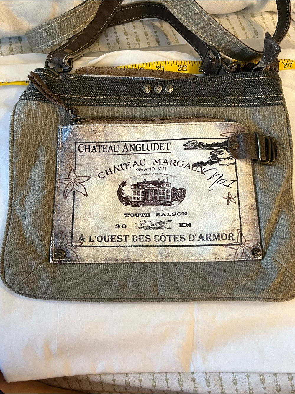Hand Crafted Olive Canvas Crossbody with Vintage Graphic Panel